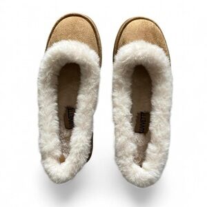 Cozy Tan Faux Suede Shearling-Lined Slip-On Women's Slippers Flats